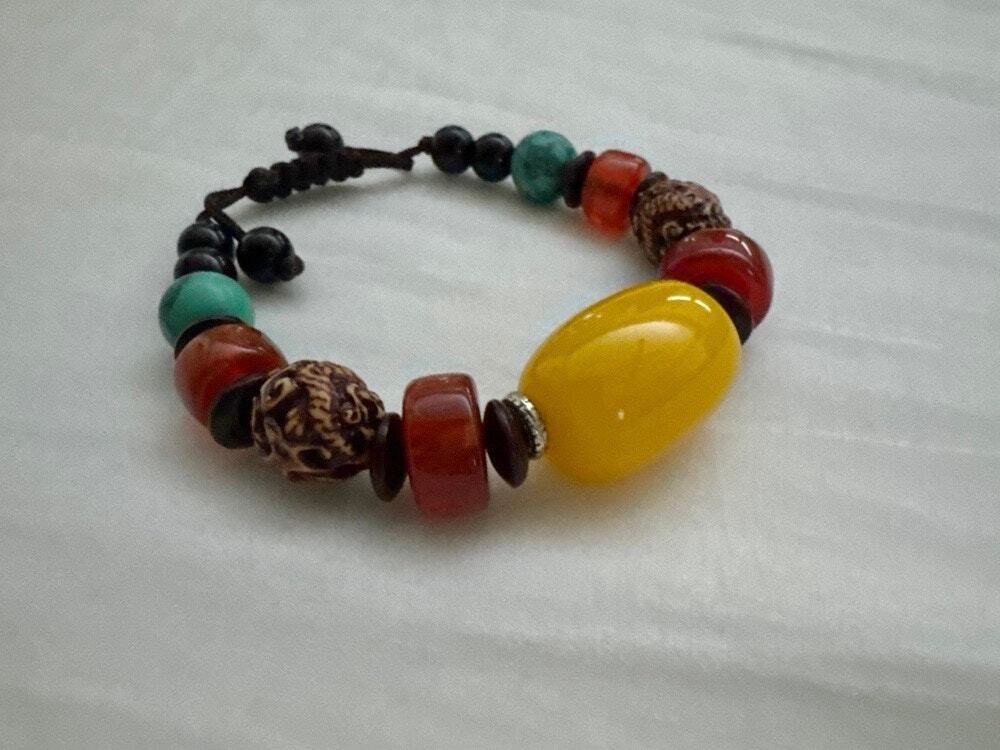 Tibetan Style Beaded Drawstring Bracelet – Faux Butterscotch Amber, Turquoise
